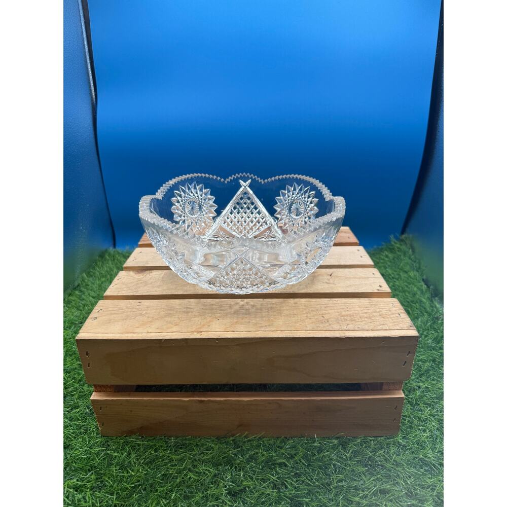 Vintage American Brilliant Cut Glass Pedestal Bowl - Star and Diamond Pattern